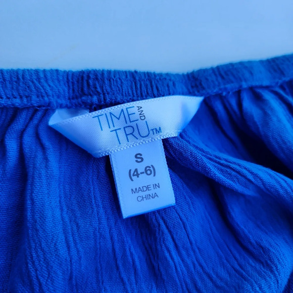 Time and Tru Blue A Line Hi Low Hemline Peasant Dress Elastic Waist Sz S 4-6 - Picture 7 of 10